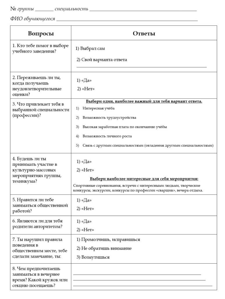 Анкета для первого курса — Подпорожский политехнический техникум